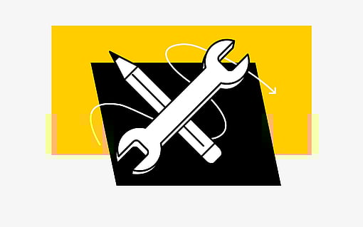 A graphical representation featuring yellow, white, and black elements symbolising tools.